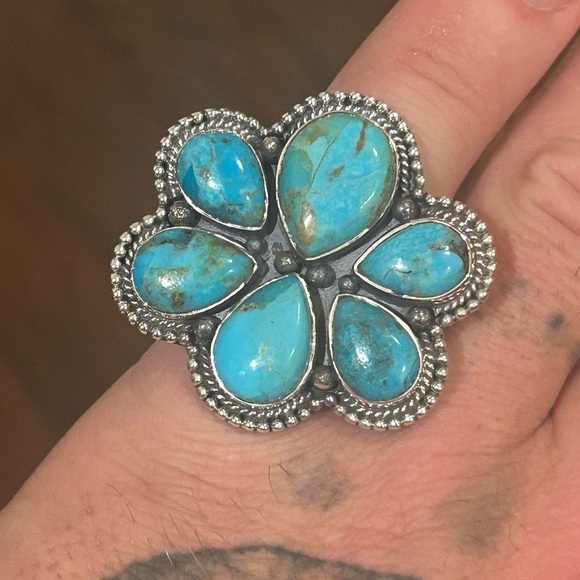 Sterling silver Native American Southwest turquoise adjustable cluster ring .925 - Picture 4 of 10